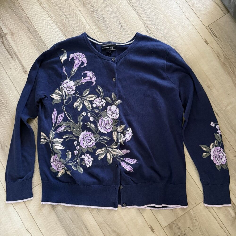 LANDS' END Women's 100% Cotton Cardigan Sweater Long Sleeve Floral Size L 14 16